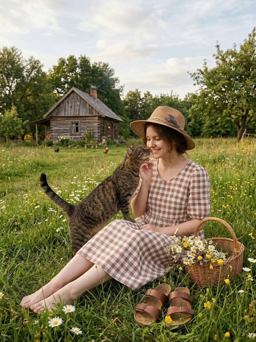 Women’s Brown Gingham Midi Dress with Puff Sleeves Cottagecore